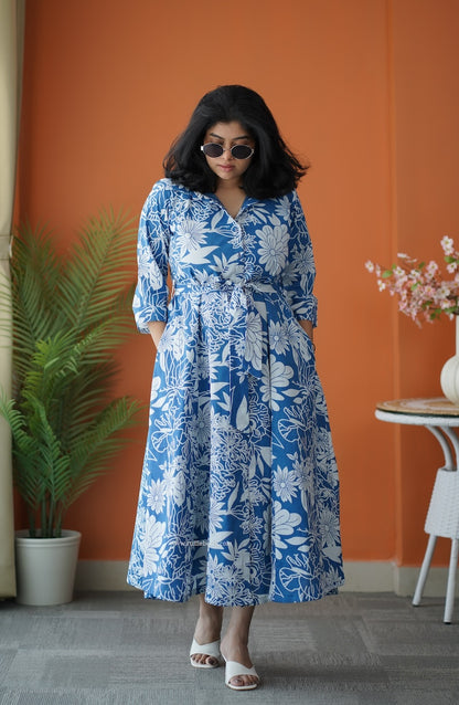Hazelshine Blue Cotton Flared Shirt Dress