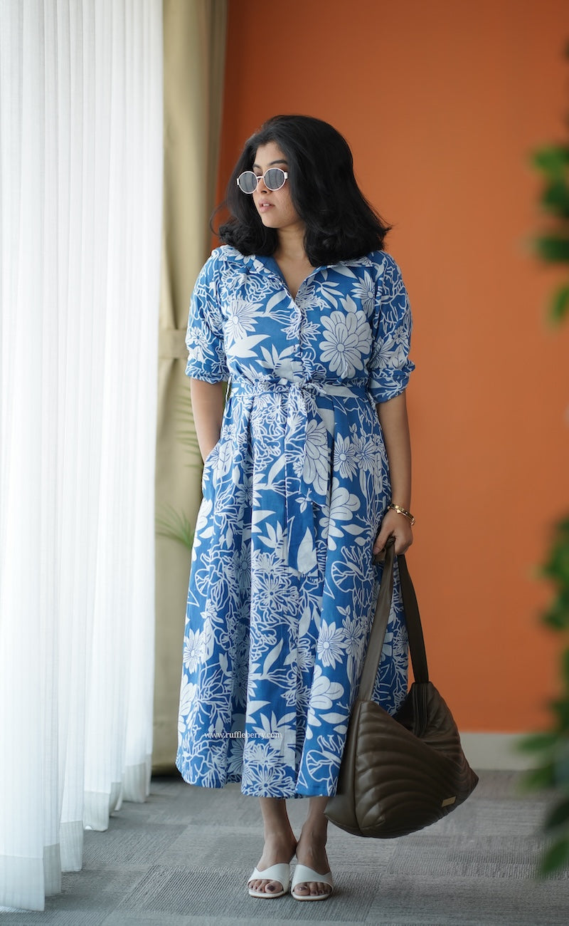 hazelshine blue cotton flared shirt dress