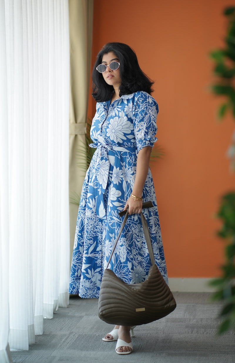 hazelshine blue cotton flared shirt dress
