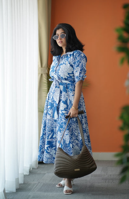 Hazelshine Blue Cotton Flared Shirt Dress