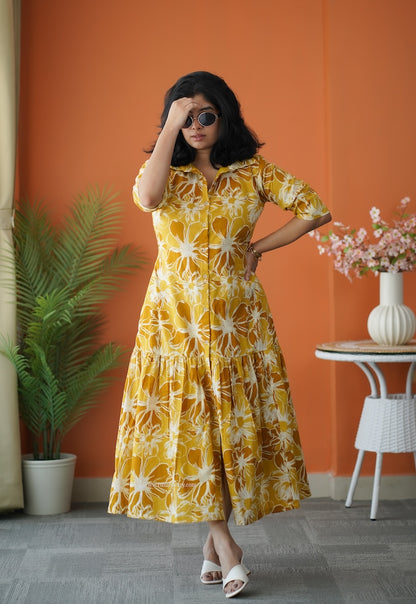 Hazelshine Mustard Cotton Shirt Dress