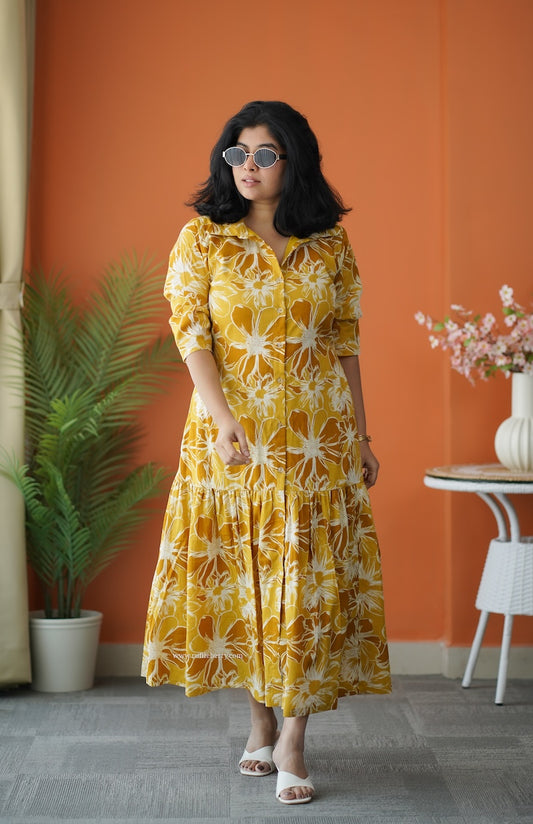 Hazelshine Mustard Cotton Shirt Dress