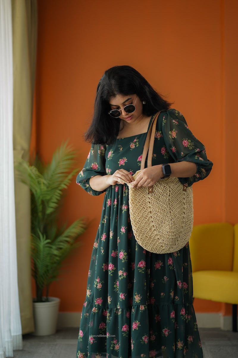 sunburst forest green georgette tier dress