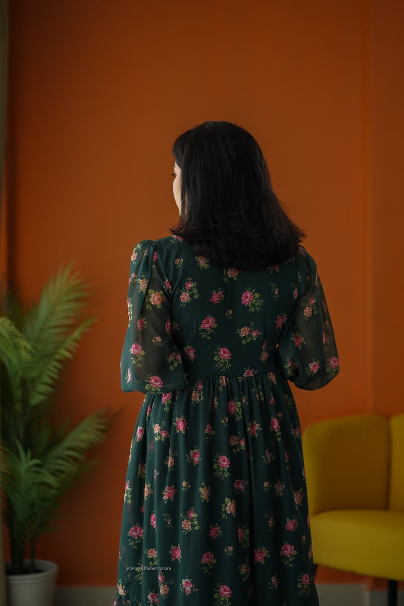 sunburst forest green georgette tier dress