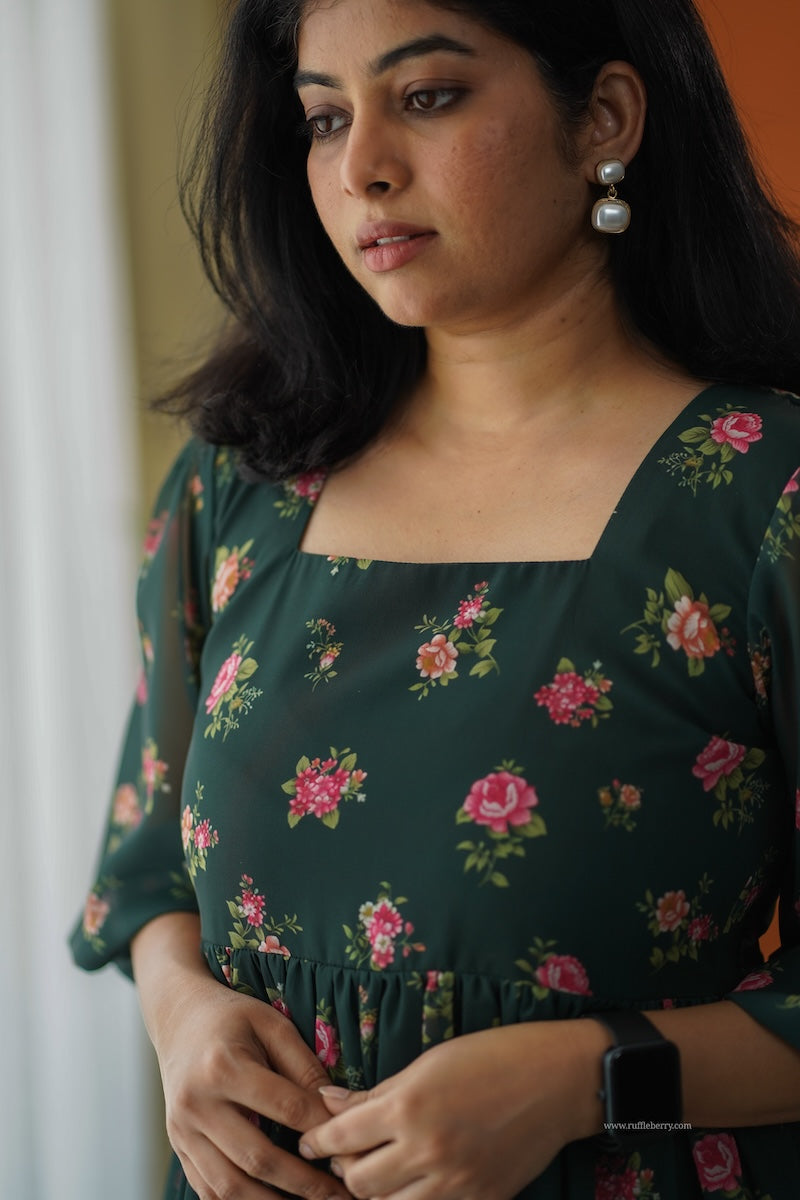 sunburst forest green georgette tier dress