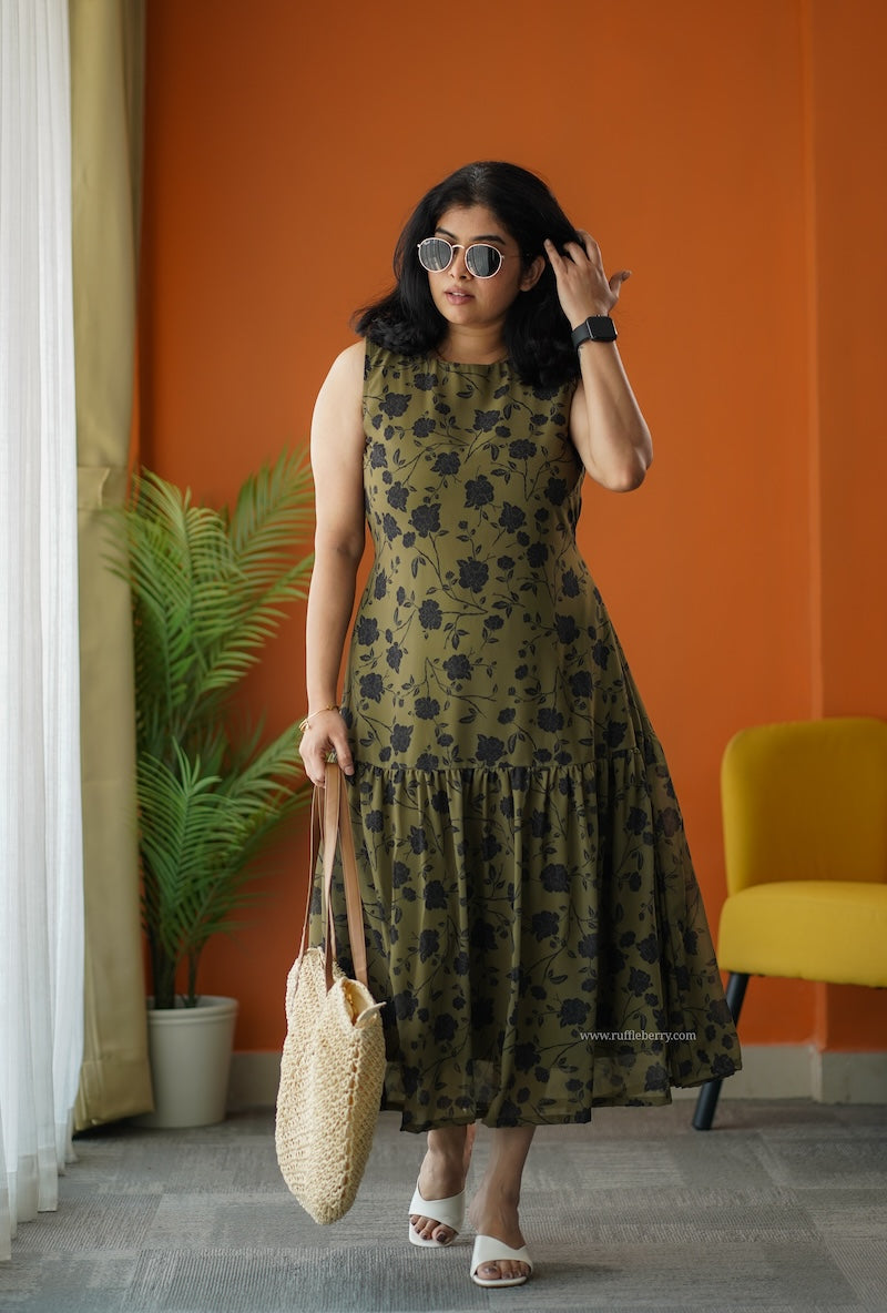 sunburst olive georgette a-line dress