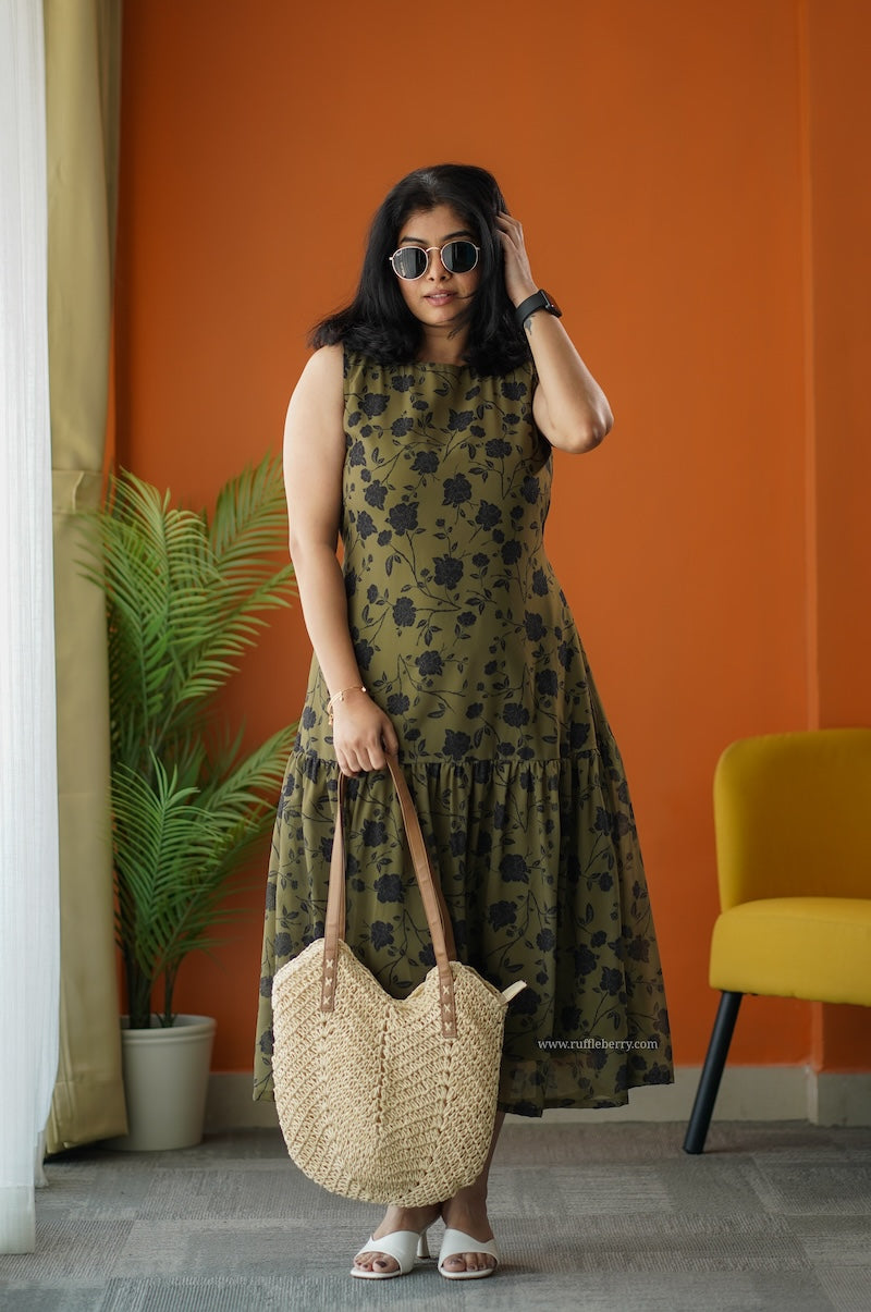 sunburst olive georgette a-line dress