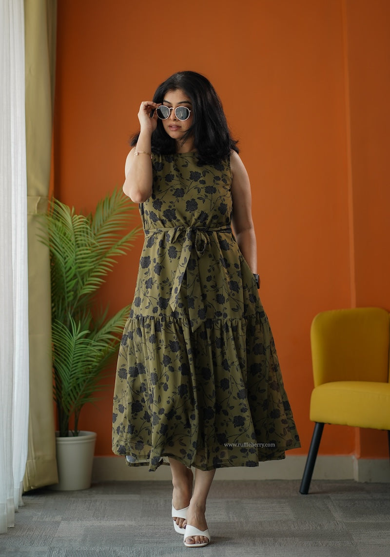 sunburst olive georgette a-line dress