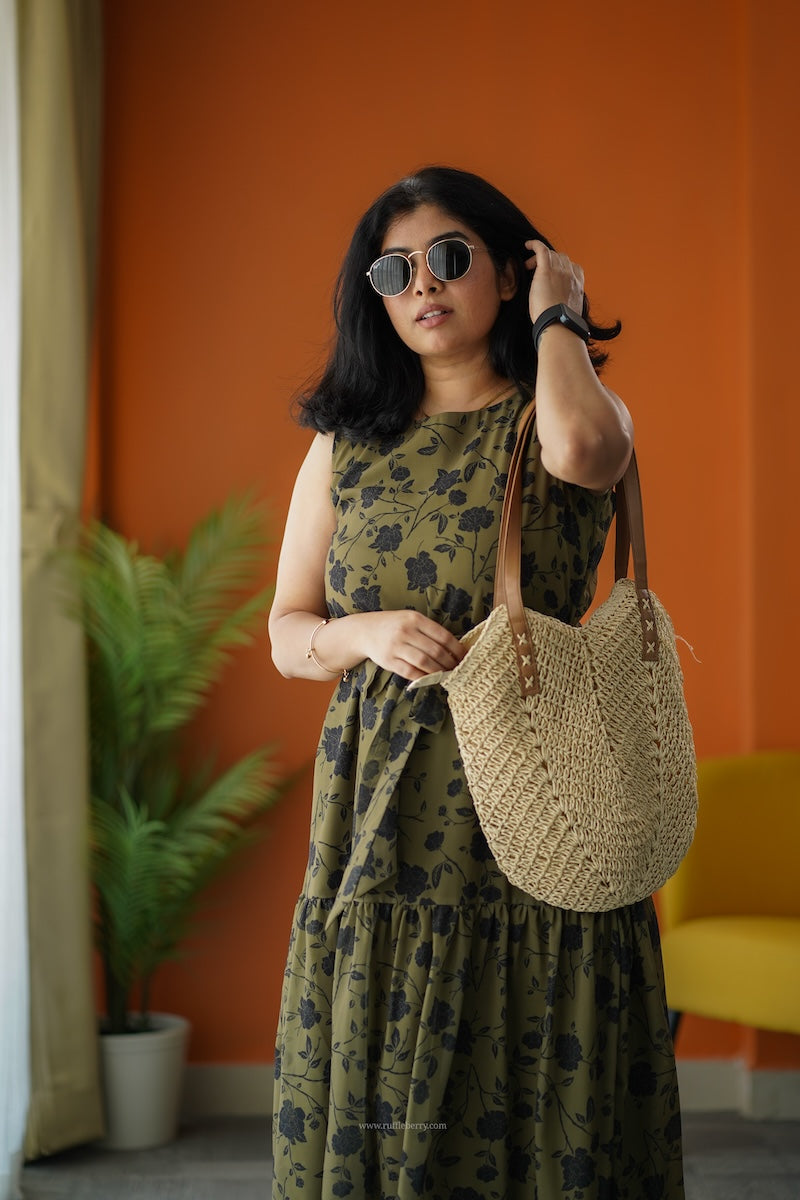 sunburst olive georgette a-line dress