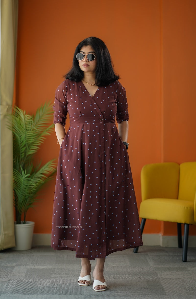 sunburst brown polka georgette button wrap dress