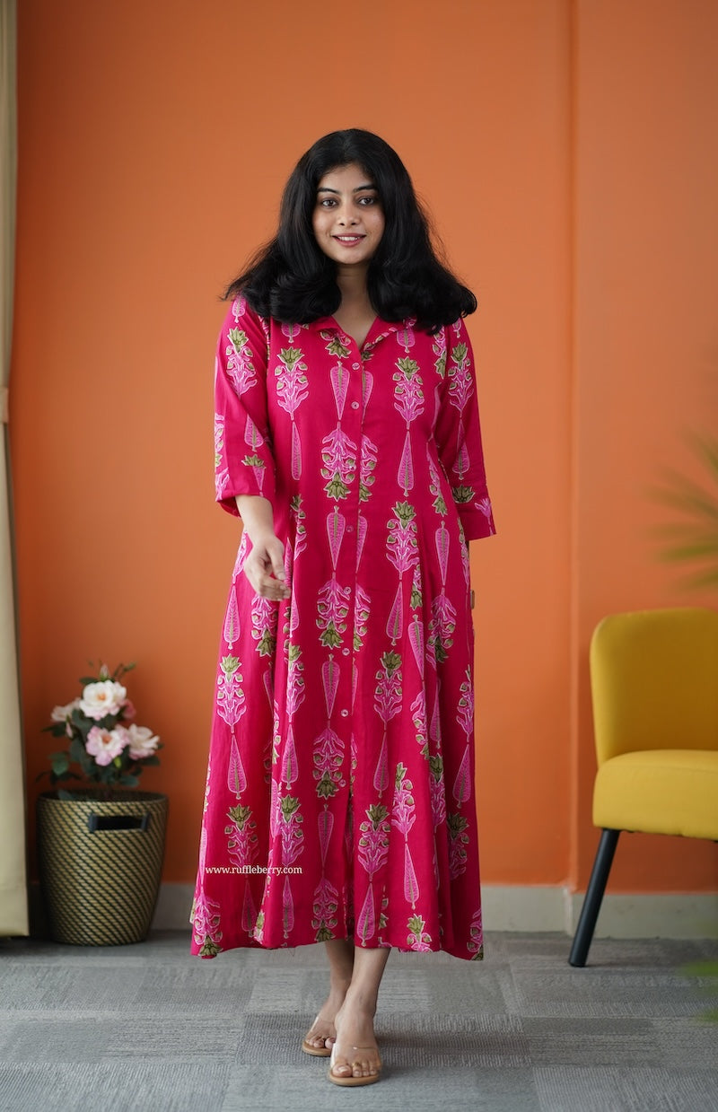 saavan pink cotton flared shirt dress