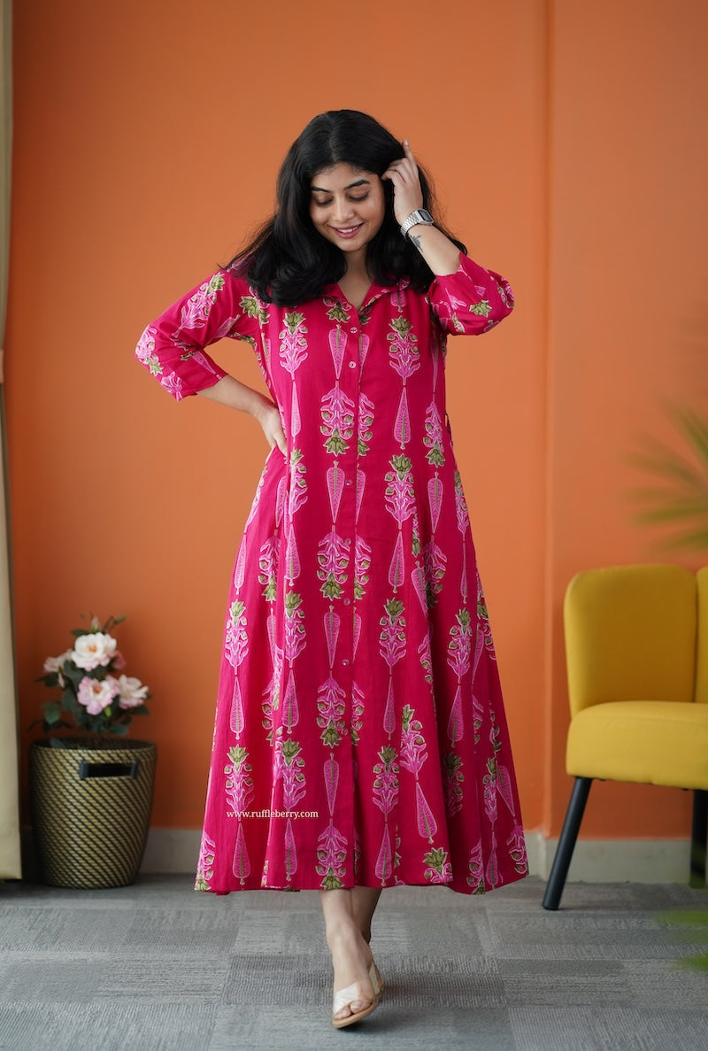 saavan pink cotton flared shirt dress