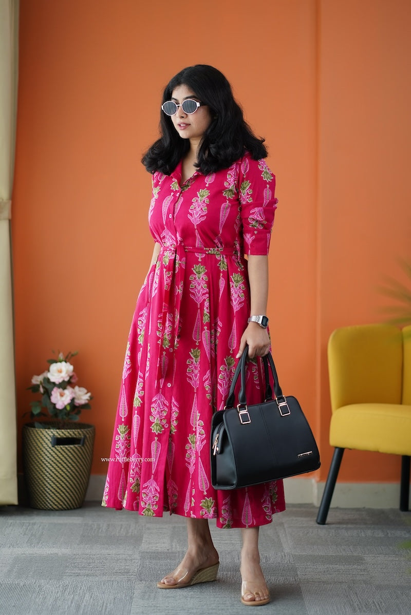 saavan pink cotton flared shirt dress