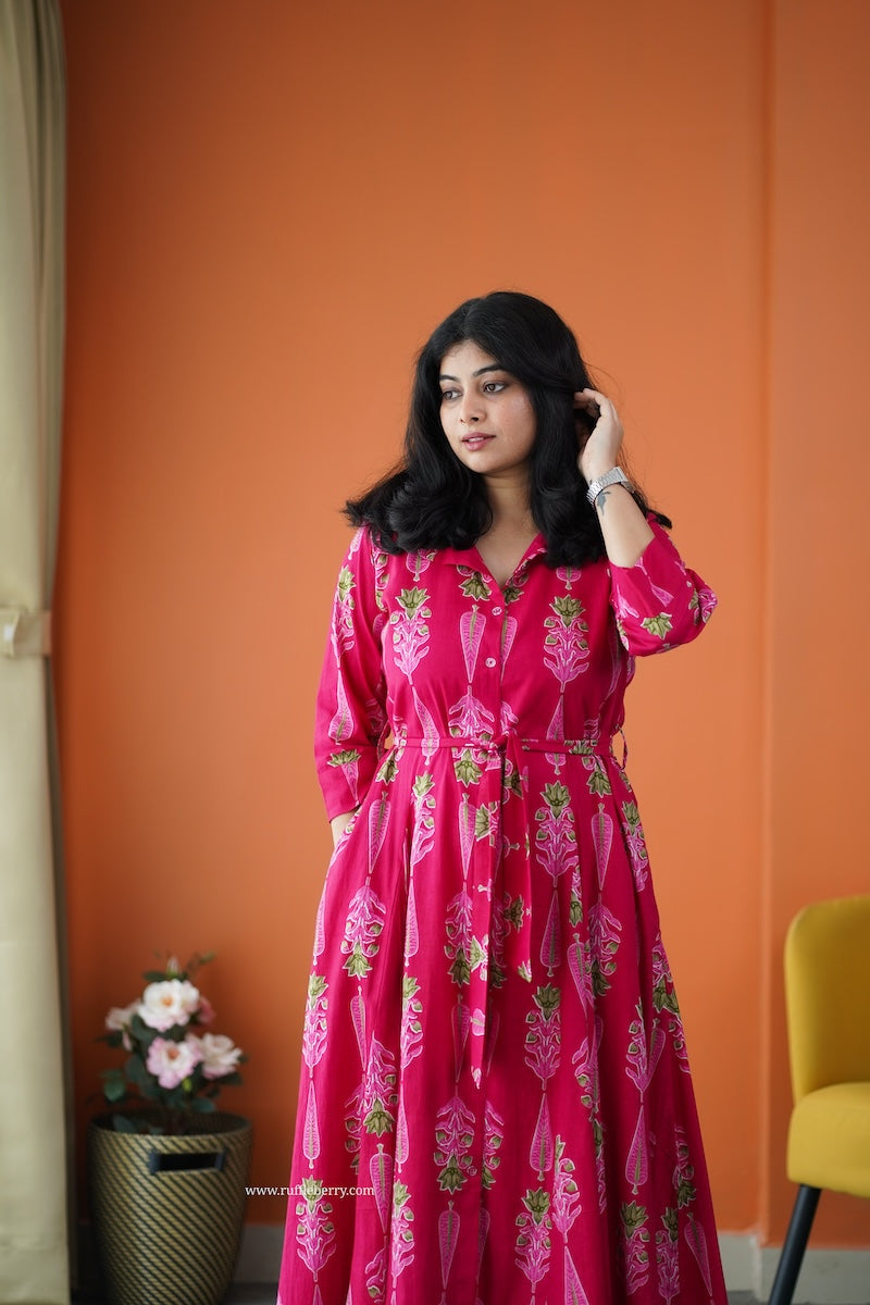 saavan pink cotton flared shirt dress