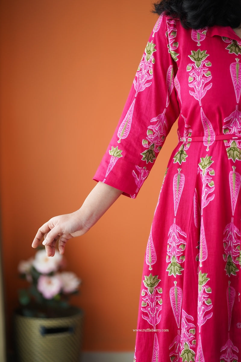 saavan pink cotton flared shirt dress