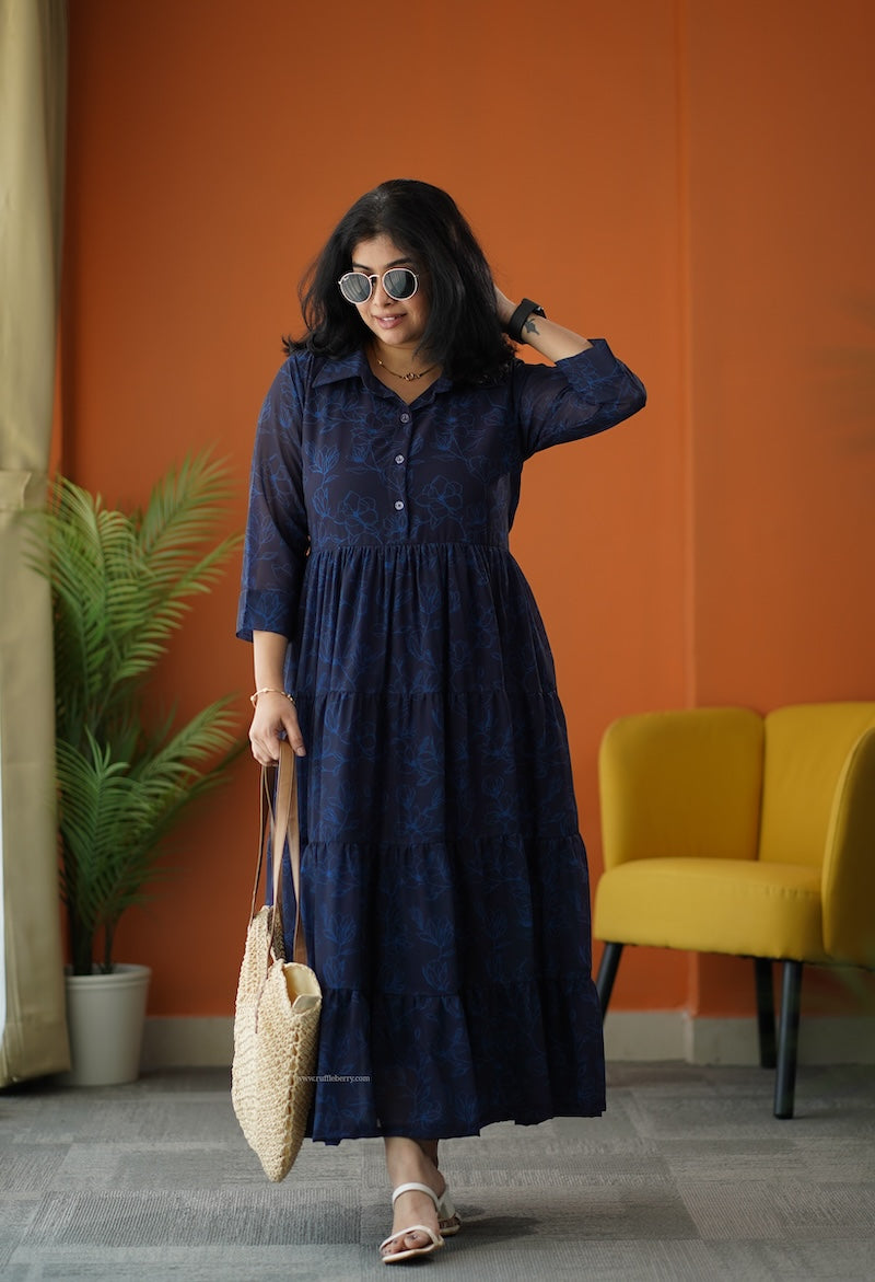 sunburst dark blue georgette shirt tier dress