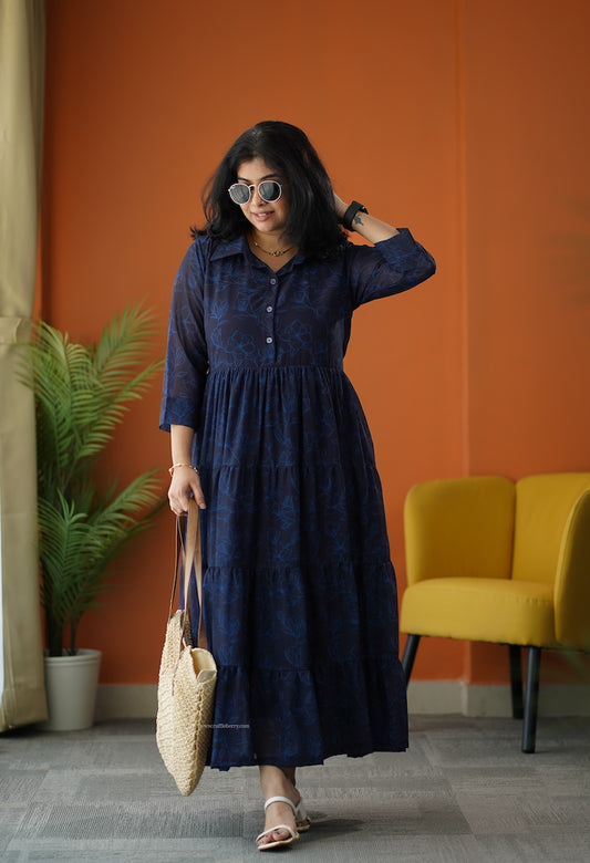 Sunburst Dark Blue Georgette Shirt Tier Dress