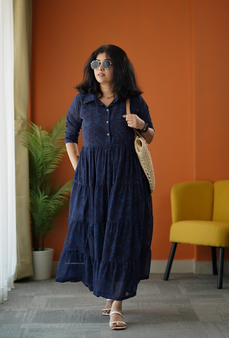 sunburst dark blue georgette shirt tier dress