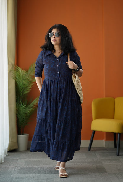 Sunburst Dark Blue Georgette Shirt Tier Dress