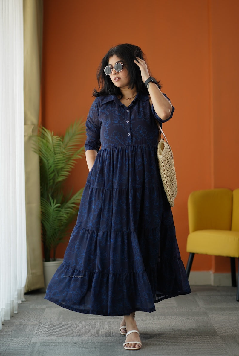 sunburst dark blue georgette shirt tier dress