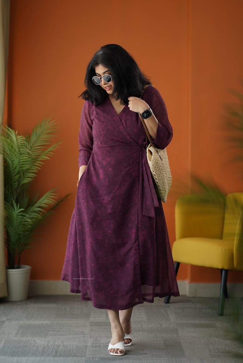 sunburst plum georgette wrap dress
