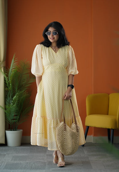 Sunburst Butter Polka Georgette Tier Dress
