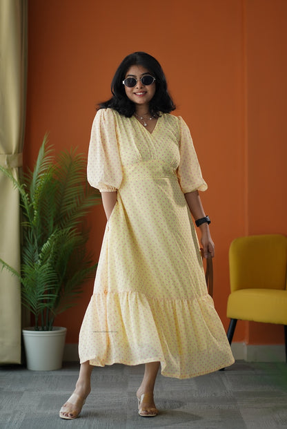 Sunburst Butter Polka Georgette Tier Dress