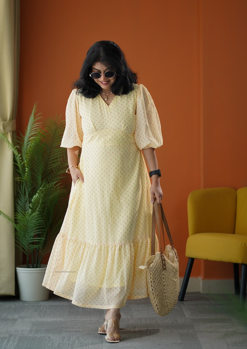 sunburst butter polka georgette tier dress