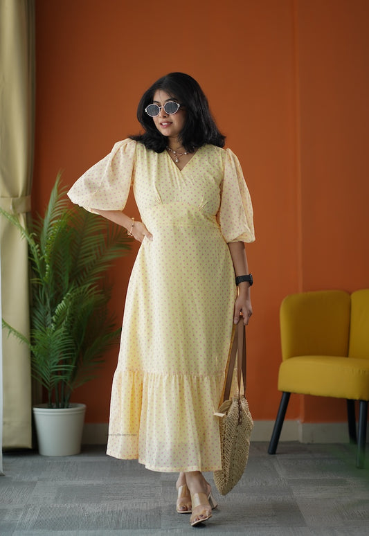 Sunburst Butter Polka Georgette Tier Dress