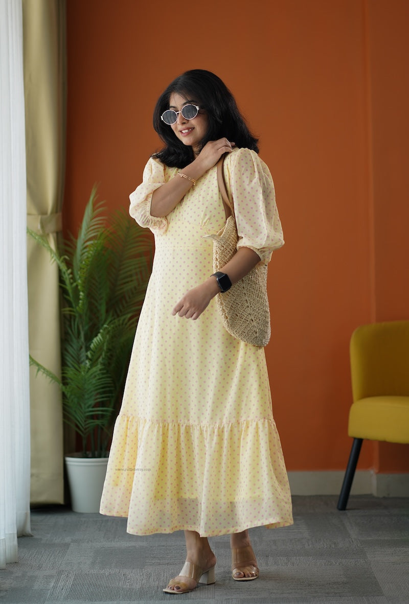 sunburst butter polka georgette tier dress