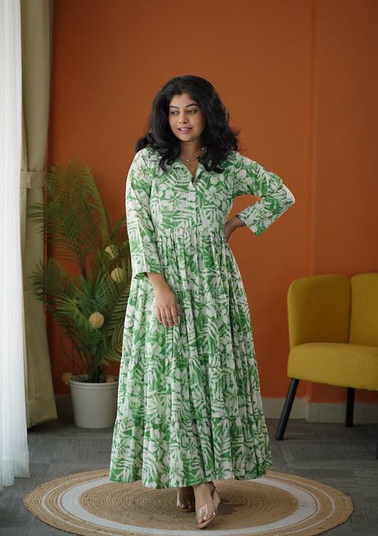 Lela Fresh Green Cotton Shirt Tier Dress