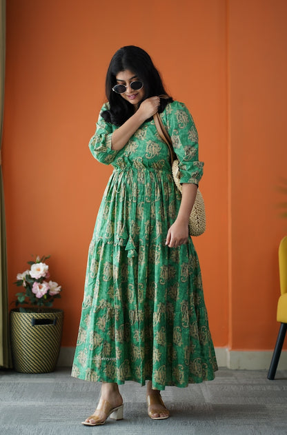 Saavan Green Cotton Tier Dress