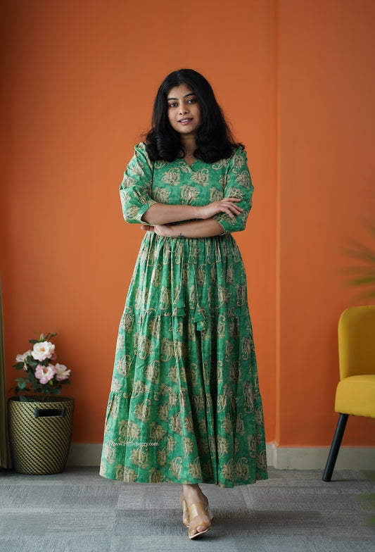 Saavan Green Cotton Tier Dress
