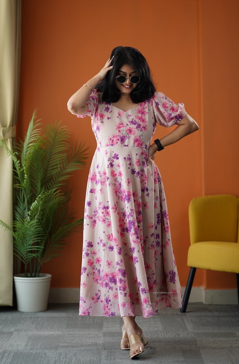 sunburst beige georgette fit & flare dress
