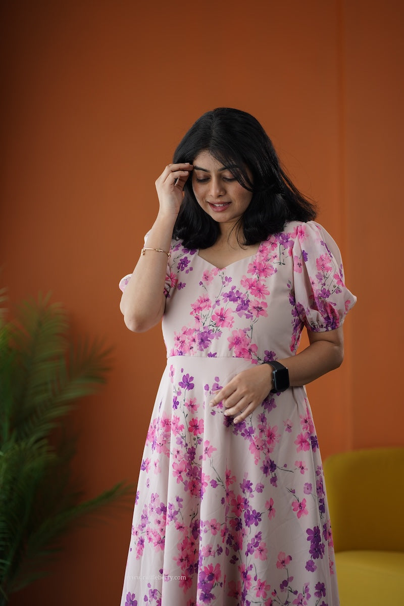 sunburst beige georgette fit & flare dress