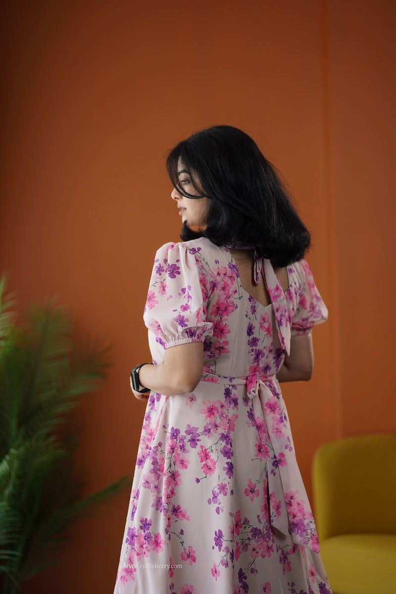sunburst beige georgette fit & flare dress