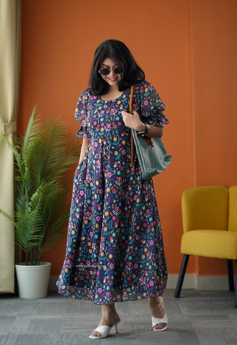 sunburst multifloral georgette fit & flare dress