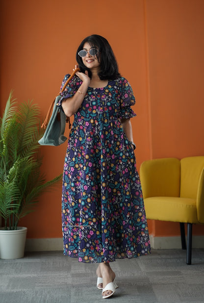Sunburst Multifloral Georgette Fit & Flare Dress