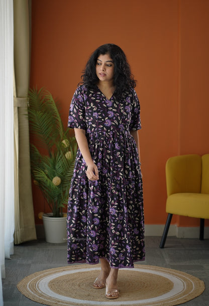Lela Black Purple Cotton Tier Dress
