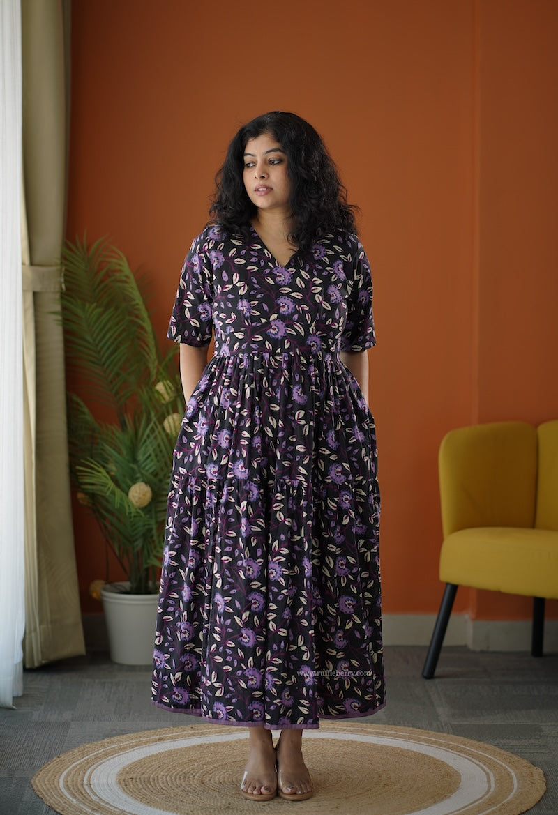 lela black purple cotton tier dress