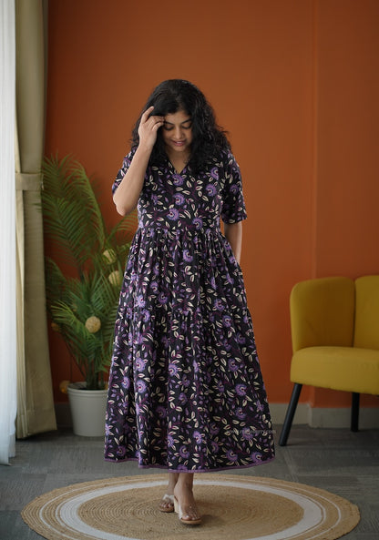 Lela Black Purple Cotton Tier Dress