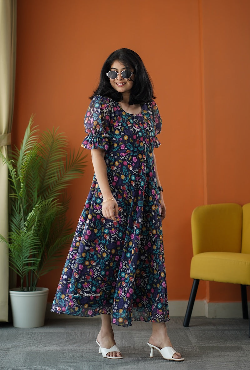 sunburst multifloral georgette fit & flare dress