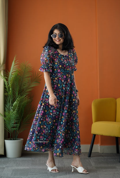 Sunburst Multifloral Georgette Fit & Flare Dress