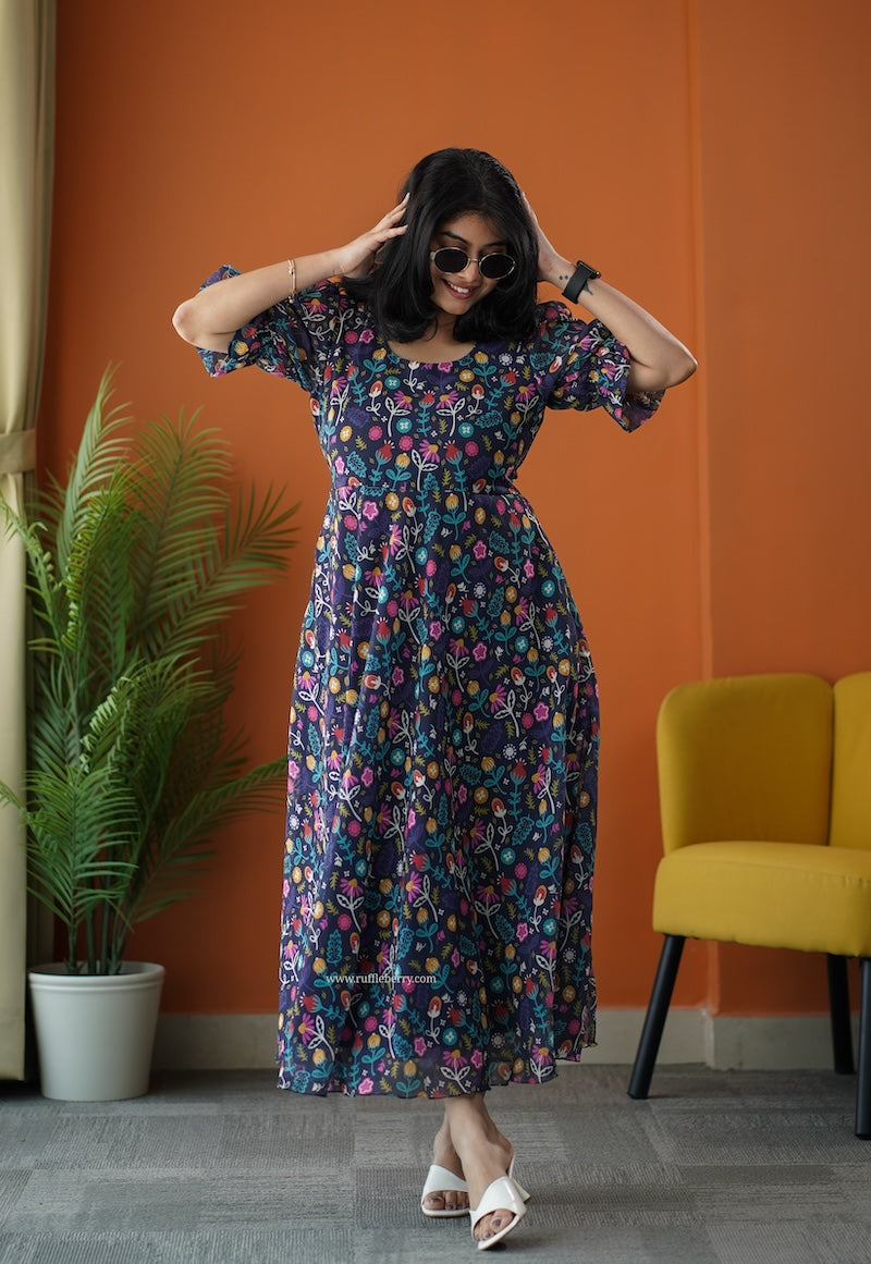 sunburst multifloral georgette fit & flare dress