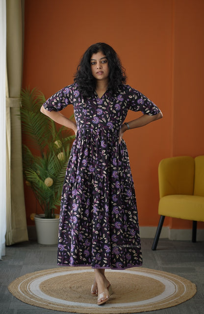 Lela Black Purple Cotton Tier Dress