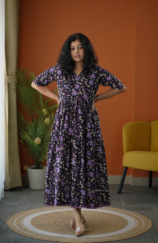 Lela Black Purple Cotton Tier Dress