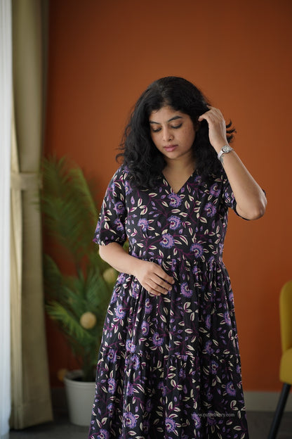 Lela Black Purple Cotton Tier Dress