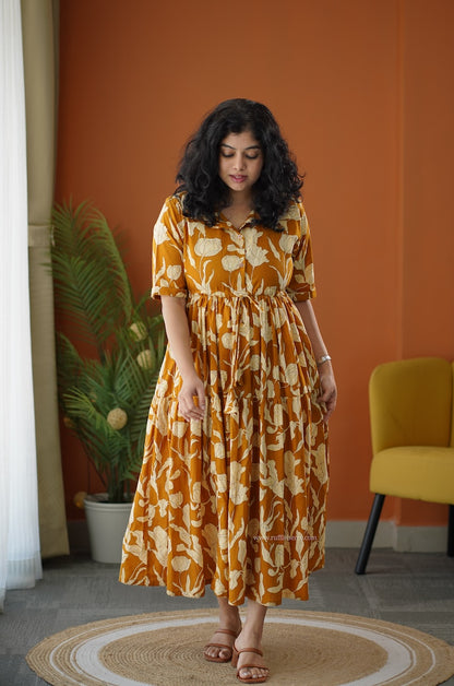 Lela Mustard Yellow Cotton Shirt Tier Dress