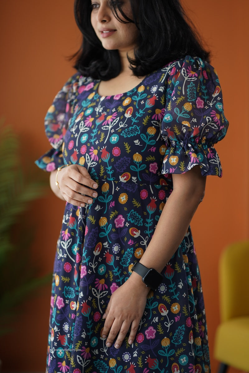 sunburst multifloral georgette fit & flare dress