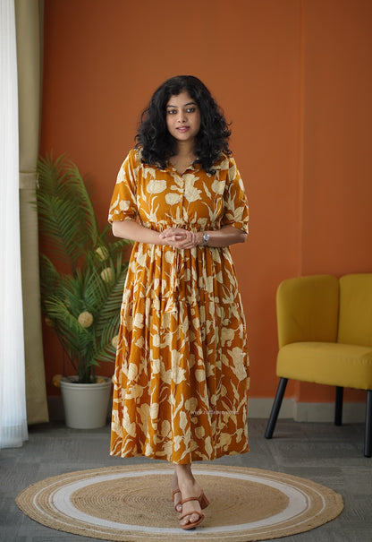 Lela Mustard Yellow Cotton Shirt Tier Dress